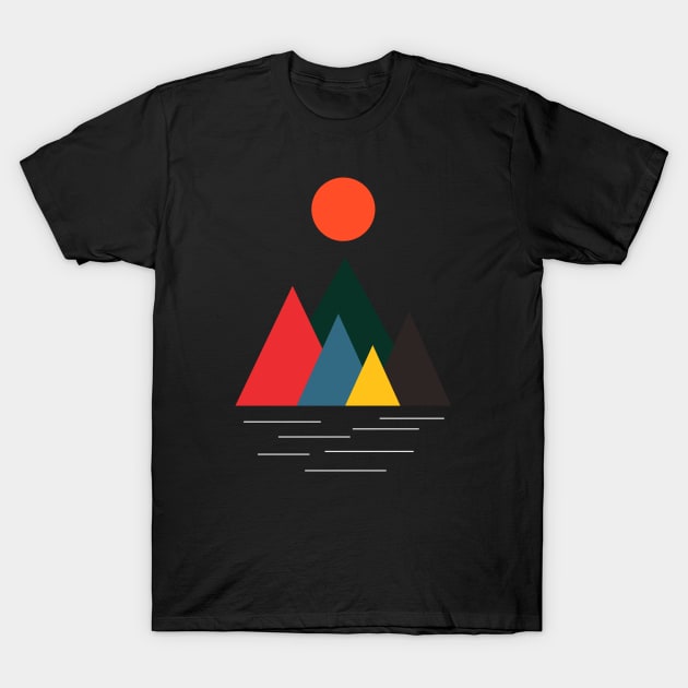 Minimalist Abstract Nature Art #48 Geometric, Linear, Colorful Mountains with Gentle Still Water T-Shirt by Insightly Designs